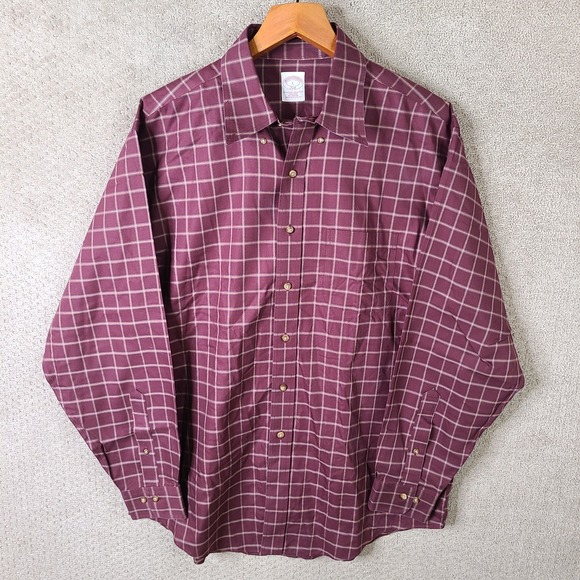 Brooks Brothers Shirt Mens Large Burgundy Check 346 Button Down Cotton Preppy - Picture 1 of 8
